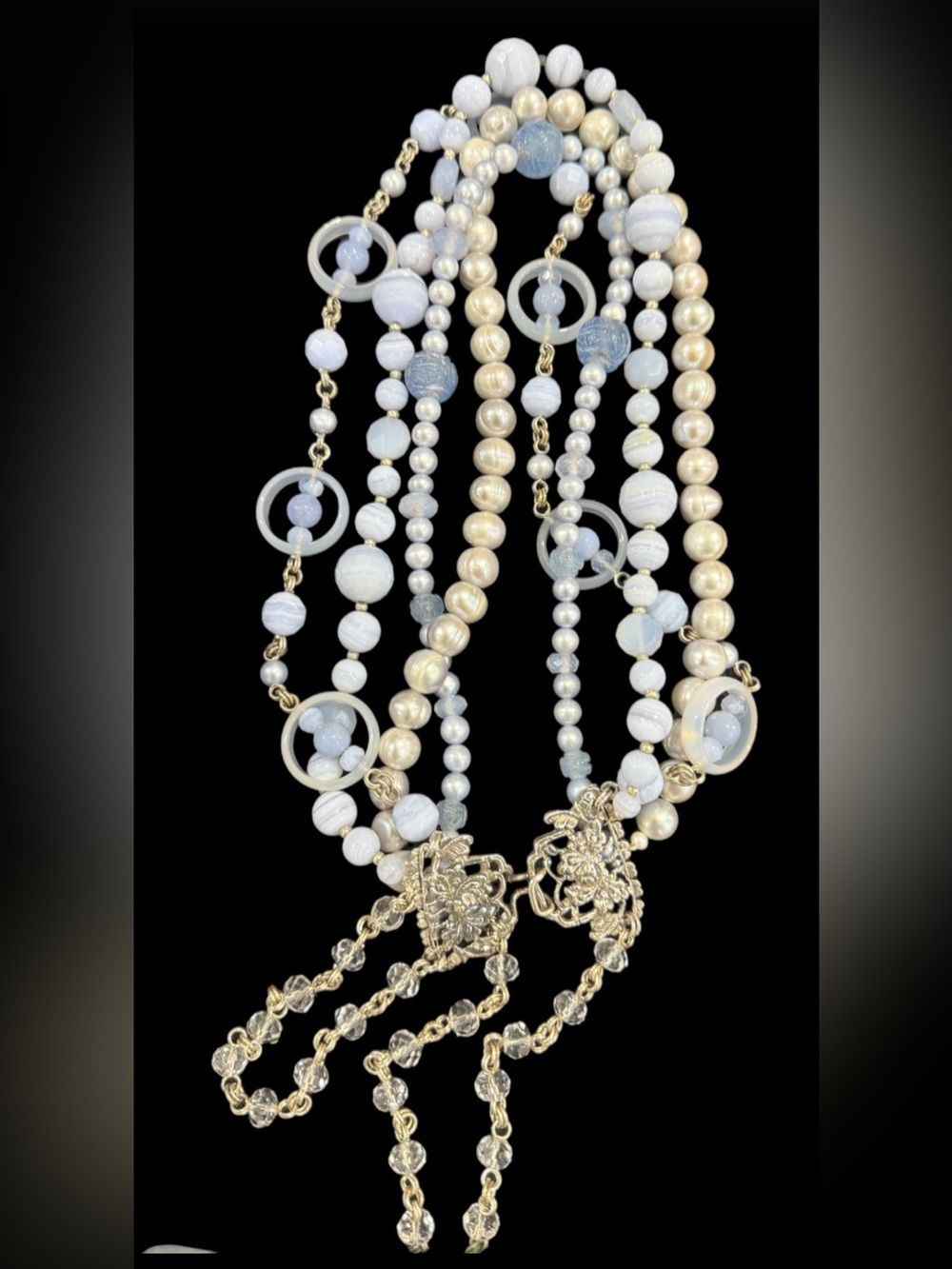 Stephen Dweck Sterling Silver Various Blue Multistone and Pearl Necklace